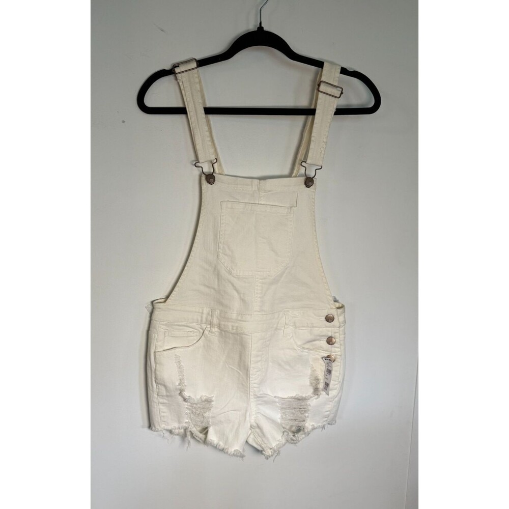 NEW Woman’s White Denim Bib Shorts Distressed Size S Raw Hem RSQ